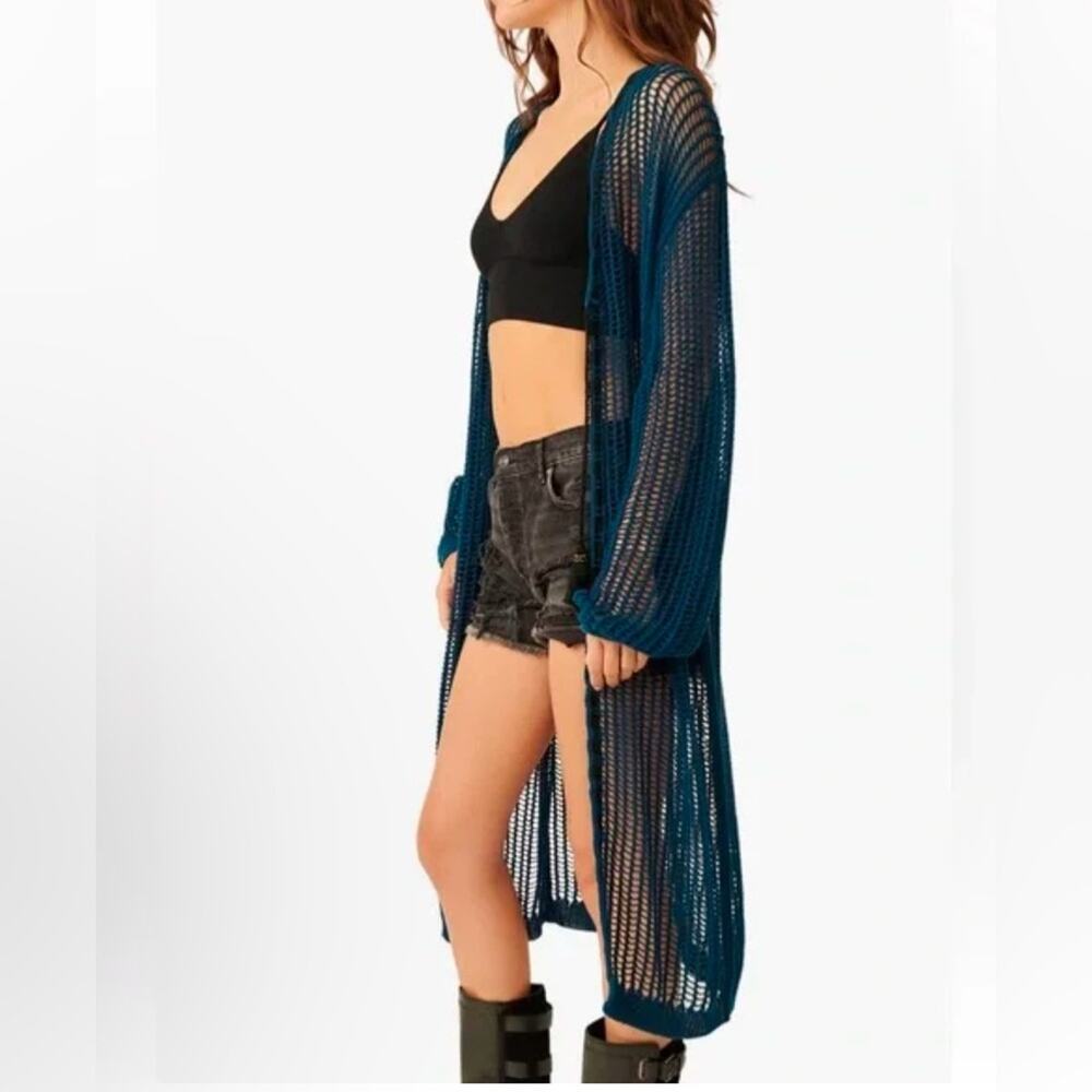 Blue Crochet Open Knit Cardigan Women’s XS 100% Cotton Cover Up Festival Boho